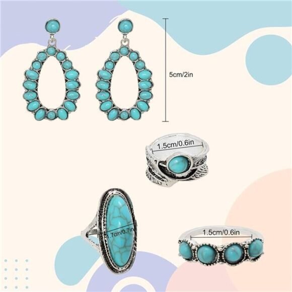 6 Pcs Western Jewelry for Women Boho Set Bohemian Turquoise Jewelry Set - Picture 2 of 7